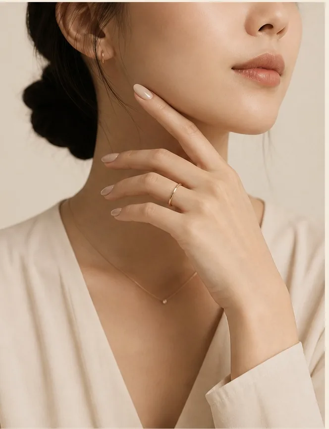 Nail artist Lumi Chen resting their chin on one hand, fingertips in a soft nude tone