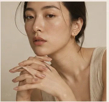 A model with hands folded near their face, showing nude nails