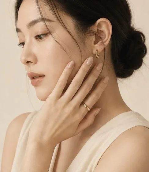 A model turned to the side, hand at their neck, showing nude nails