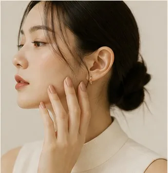 A model in profile, hand lightly touching their cheek