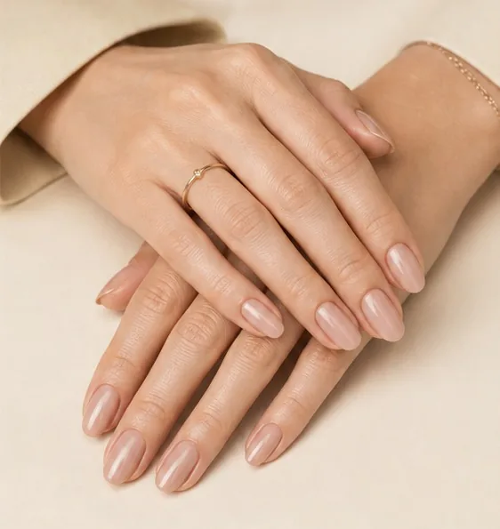 Folded hands with soft, glossy nude nails